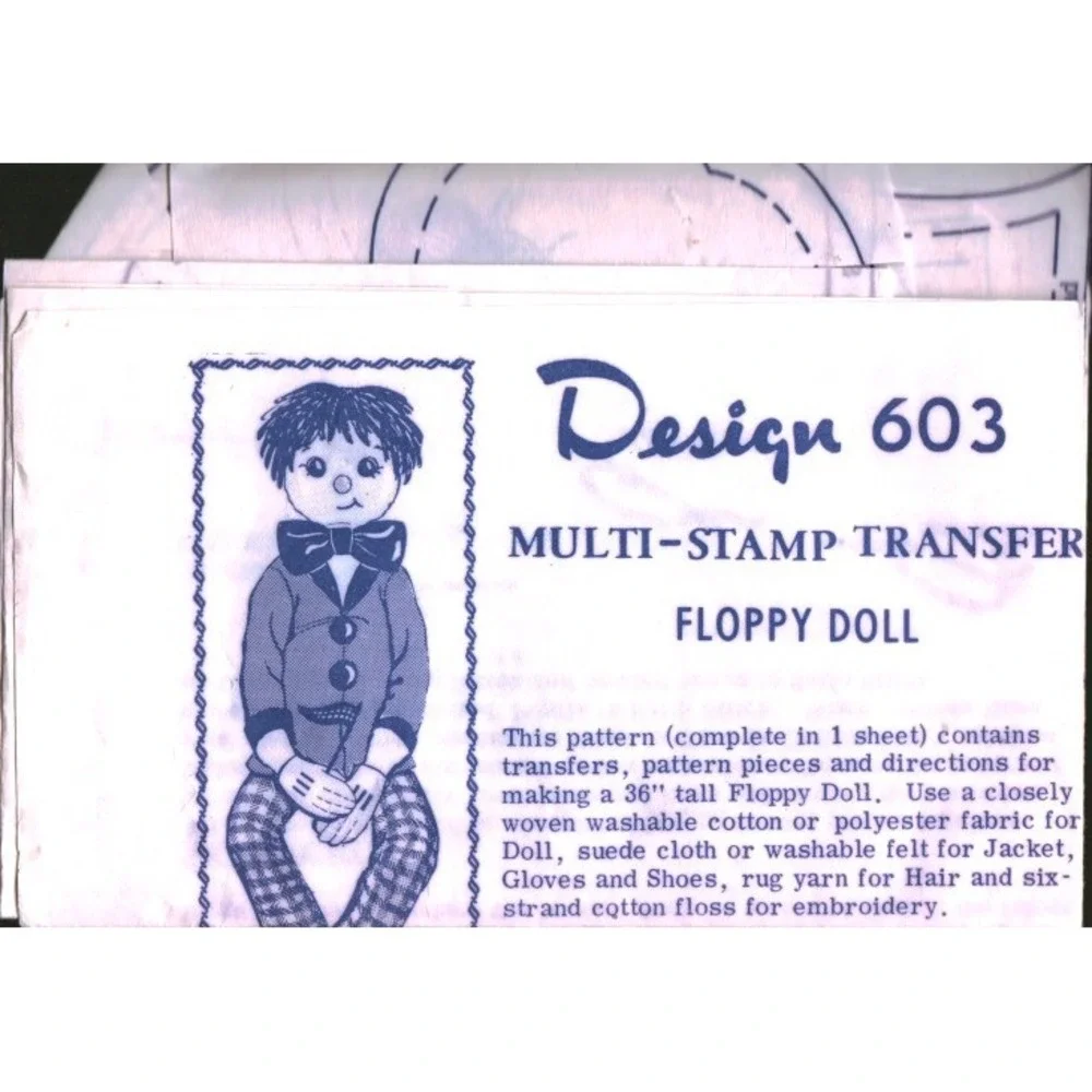 Vintage Design 603 Multi-Stamp Transfer Pattern 36 Inch Floppy Doll Sewing DIY